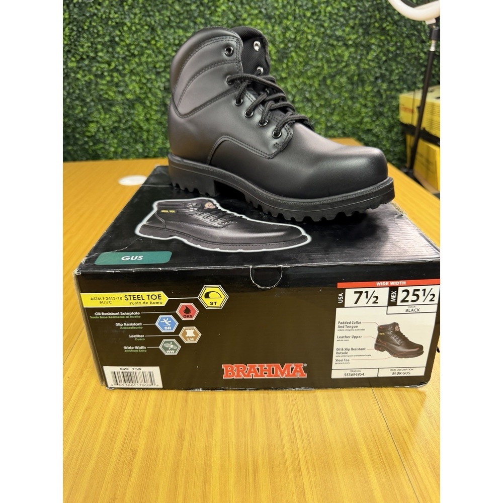 Brahma Men's Gus Steel Toe Work Boots Black 7 1/2 Wide Width Lace Up New